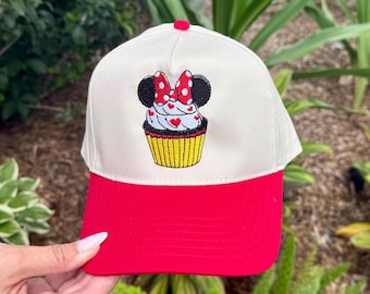 Minnie Cupcake Disney birthday Hat Embroidered inspired Baseball Cap Style Snapback Cupcake Mouse snacks Theme red yellow black