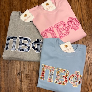 May include: Three crewneck sweatshirts in light pink, light blue, and heather gray. Each features large Greek letters appliqued on the chest with distinct patterns: pink floral, multi-colored floral, and navy blue gingham. Each includes a Gracious tag.