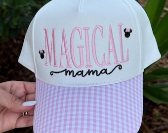 Disney Inspired Magical Trucker Hat Embroidered Baseball Cap Gingham Style Snapback Personalized Magical Mouse Mama