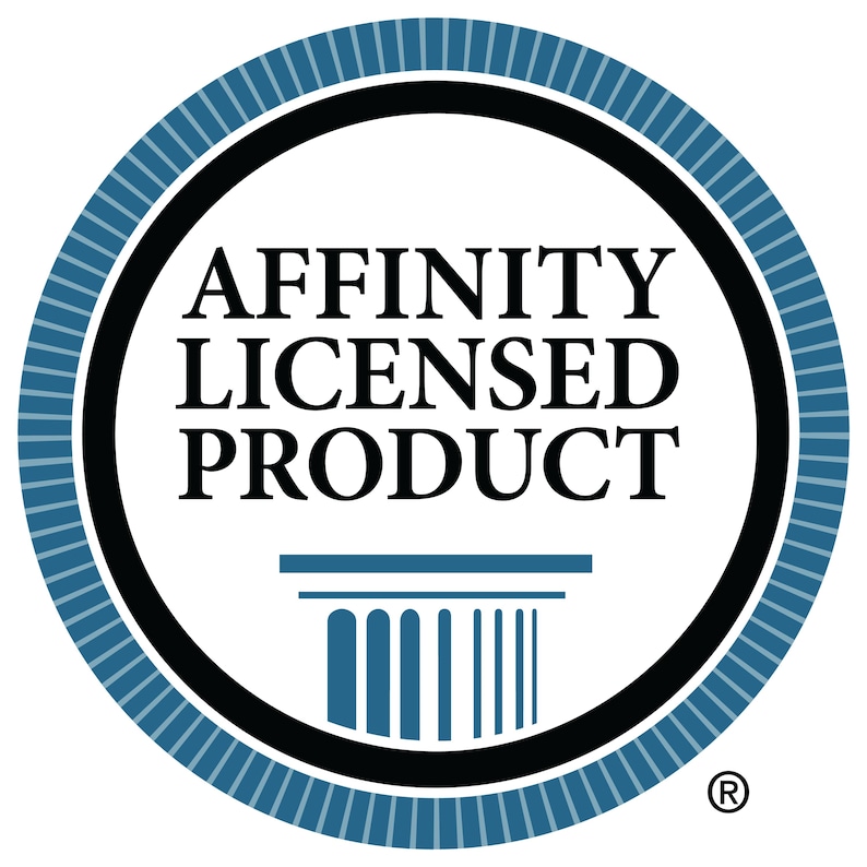 May include: A circular emblem with the text "AFFINITY LICENSED PRODUCT" in black, surrounded by a blue and black border. A stylized illustration of a building's facade is at the bottom. The registered trademark symbol is in the lower right corner.