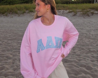 Arched Sorority Sweatshirt Greek Letter Crewneck Embroidered Applique Custom Big Little Gift Personalized gingham sorority merch