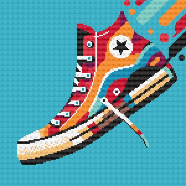 Patrón de punto de cruz en PDF de una zapatilla colorida - Estilo arte pop, divertida y alegre