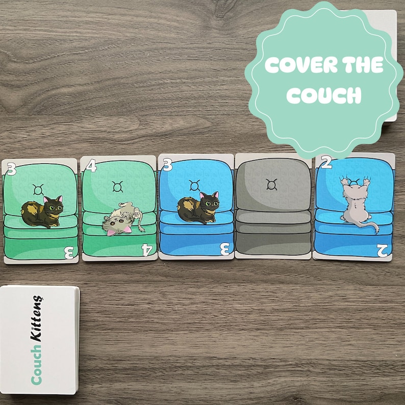 May include: A game called "Couch Kittens" with five cards showing different colored couches with cats on them. The cards are numbered 2, 3, and 4. The text "COVER THE COUCH" is on a teal circle.