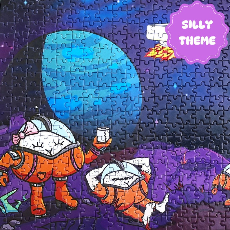 May include: Two astronauts in orange space suits with silly expressions on their faces. One astronaut is holding a roll of toilet paper. The background is a dark blue space scene with a planet and stars.