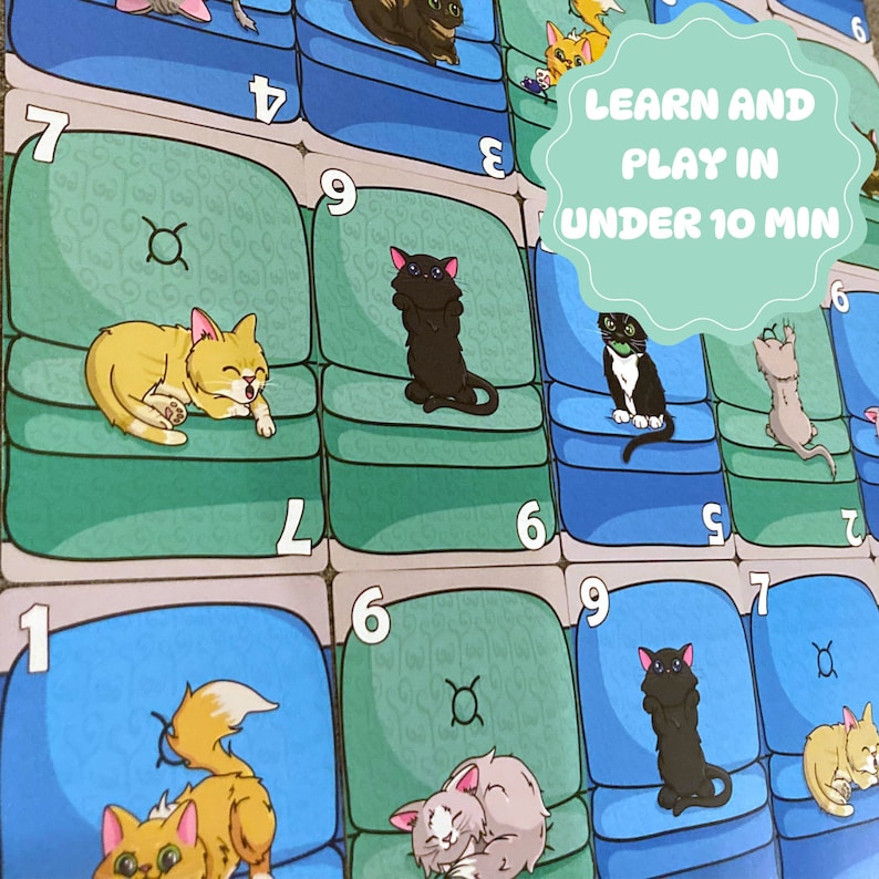 May include: A game board with colorful illustrations of cats in different poses. The board is divided into squares with numbers and symbols. The text "LEARN AND PLAY IN UNDER 10 MIN" is written in a speech bubble.