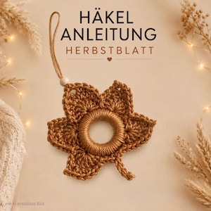 Può includere: Un ornamento a forma di foglia all'uncinetto marrone fatto a mano, con un centro circolare e un anello per appenderlo. L'ornamento è realizzato in filato e presenta un design dettagliato e strutturato. Il testo "HÄKEL ANLEITUNG HERBSTBLATT" è visualizzato in alto.