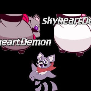 May include: A cartoon raccoon with a pink bow and purple eyes is shown in three different poses. The raccoon is wearing a red scarf and has a gray and white tail. The text "skyheartDemon" is shown in the image.
