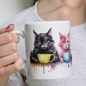 Cat Coffee Mug, Artistic Colorful Mug, Cat Mug, Cat Tea Cup, Cat Lover Gift, Gift for Coffee Lovers, The Kitties Are Drinking With You