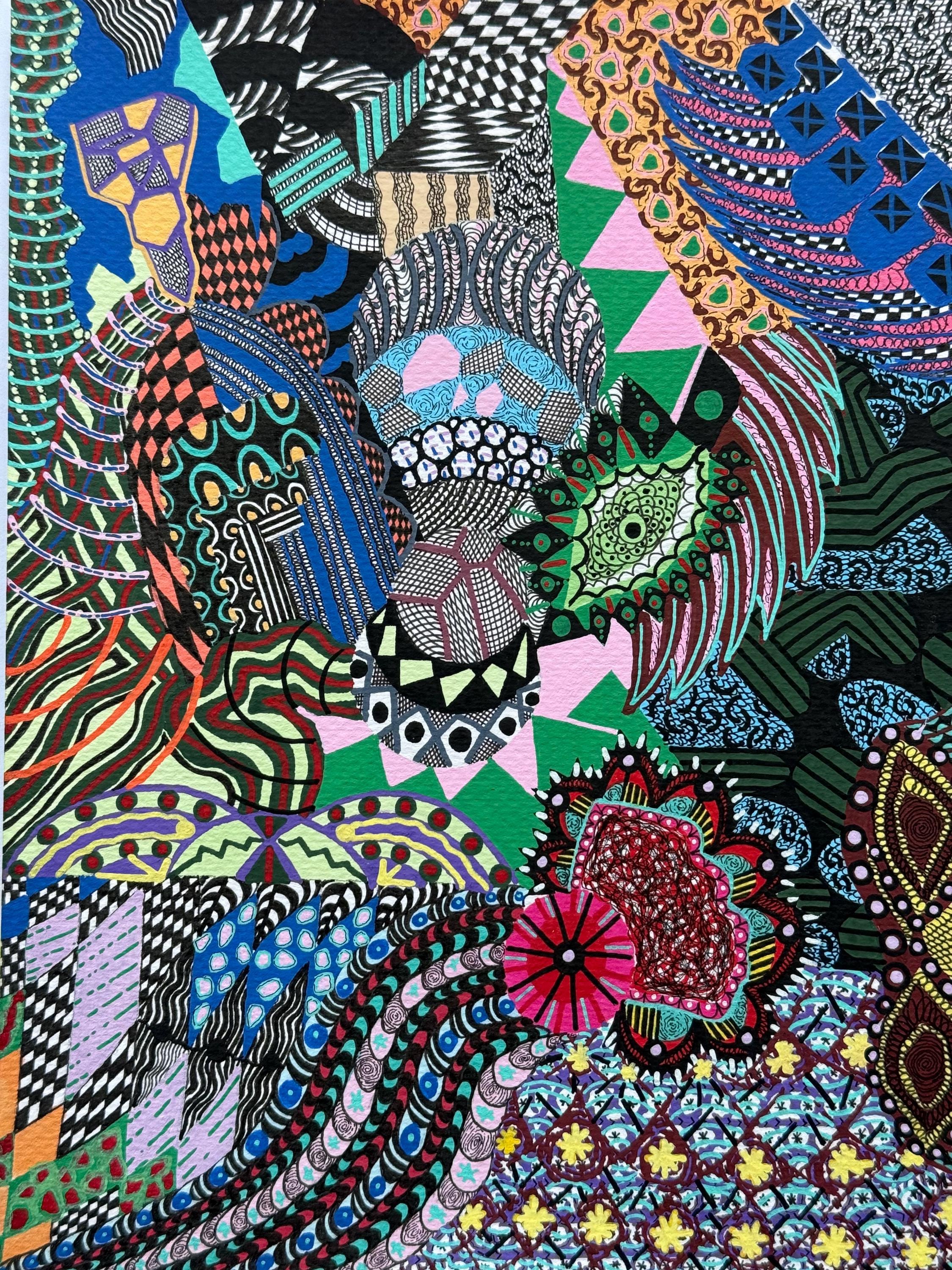 抽象的なアクリル画、ミクストメディアアート（5.83x7.56インチ