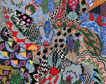 May include: A colorful abstract painting with a variety of shapes and patterns. The painting features a mix of bright colors, including red, blue, green, yellow, and black. The shapes are geometric and organic, and the patterns are intricate and detailed.
