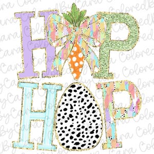 May include: A colorful Easter-themed graphic with the text "HOP" in large, glittery letters. The "O" is replaced with a black and white polka dot egg. The letters are decorated with pastel stripes, polka dots, and a bow with a carrot.