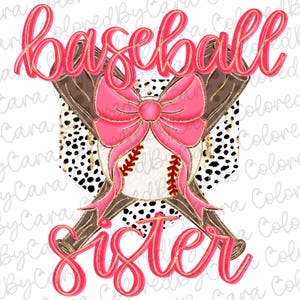 Puede incluir: Un gráfico de temática de béisbol rosa y dorado con la palabra "béisbol" y "hermana" en texto rosa. El gráfico presenta una pelota de béisbol con un lazo rosa y dos bates de béisbol cruzados.