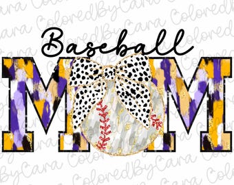 May include: Baseball Mom graphic with a purple and gold patterned letter M, a baseball with a black and white polka dot bow, and the text "Baseball Mom".