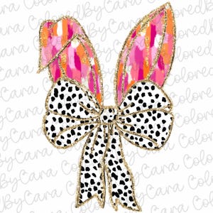 May include: A large black and white polka dot bow with gold glitter trim. The bow is topped with two pink and orange striped ears with gold glitter trim.