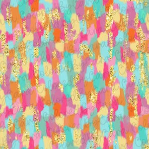 May include: Abstract seamless pattern with colorful brushstrokes and gold glitter accents. The background is a mix of pink, orange, yellow, blue, and green.