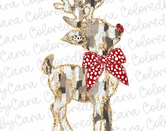Colorful Coquette glitter reindeer png girls reindeer design dtf Christmas girls winter png kids santa design bow brushstroke