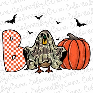 May include: A Halloween-themed design featuring a ghost wearing camouflage, a pumpkin, and the word "BOO" in orange and white checkered letters.