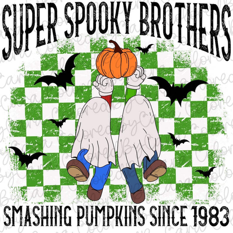 Pu&ograve; includere: Super Spooky Brothers che schiantano zucche dal 1983. Due figure vestite da fantasmi, con tute rosse e verdi, tengono una grande zucca arancione sopra le loro teste. Sono in piedi su uno sfondo a scacchi verde e bianco con pipistrelli che volano intorno a loro.