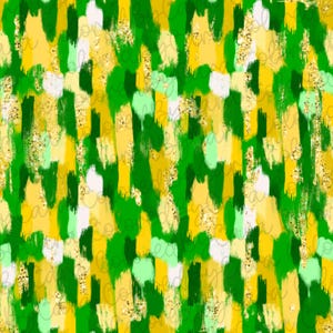Pode incluir: Padrão abstrato sem costura com pinceladas verdes, amarelas e brancas. O fundo tem uma textura sutil de glitter dourado.