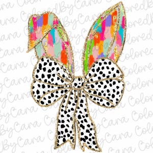 May include: A black and white polka dot bow with gold glitter accents. The bow is topped with two colourful abstract shapes with gold glitter accents.