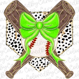 May include: A baseball with red stitching and a green bow tied around it. The baseball is on a black and white spotted background with two brown baseball bats crossed behind it.