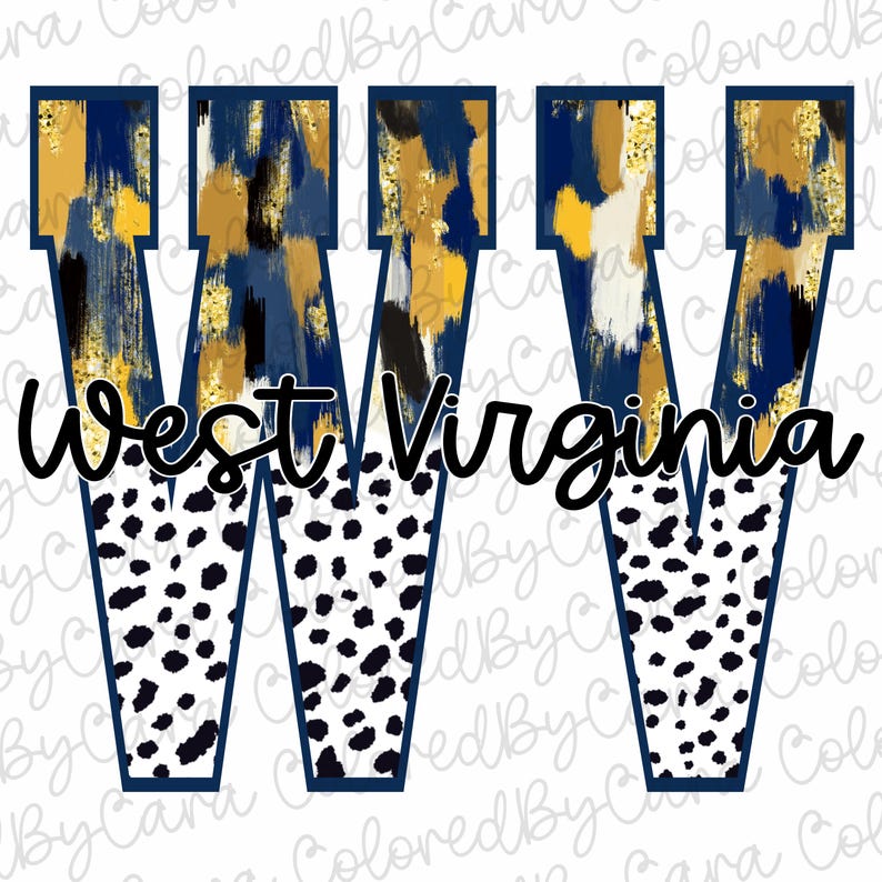 May include: Two large blue and white letters "W" with a gold and blue abstract pattern. The letters are outlined in navy blue. The text "West Virginia" is written in black cursive below the letters.