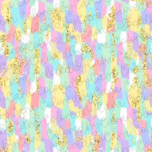 May include: Abstract seamless pattern with pastel colors and gold glitter. The pattern features brushstrokes in shades of pink, yellow, blue, green, and purple. The background is white with gold glitter scattered throughout.