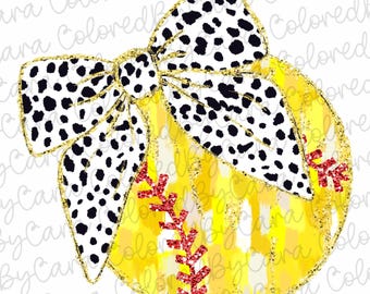Balle de softball coquette paillettes d'or pour filles softball design dtf baseball filles arc acrylique coup de pinceau dalmatien