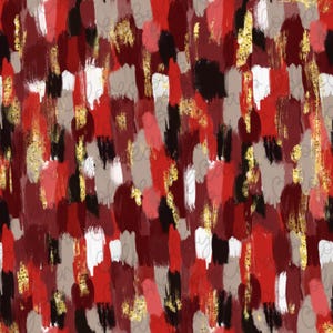 May include: Abstract pattern featuring brushstrokes in shades of red, burgundy, black, white, and taupe, accented with gold glitter. The design has a textured appearance, with vertical and diagonal strokes overlapping to create a dynamic visual effect.