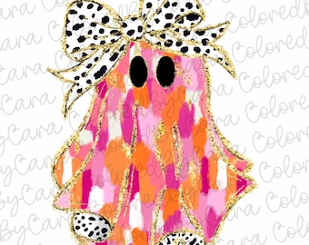 Colorful Coquette gold glitter ghost png girls halloween design dtf Halloween girls fall png kids fall design bow acrylic brushstroke