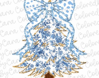 Grand millennial Coquette gold glitter Christmas tree chinoiserie png girls christmas design dtf bow acrylic brushstroke