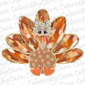 Colorful Coquette gold glitter turkey png girls fall turkey design dtf Halloween girls fall png kids fall design bow acrylic brushstroke