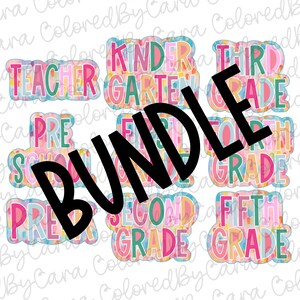 May include: A set of colorful watercolor-style teacher appreciation or classroom decor clipart featuring the words "Teacher", "Pre-School", "Kindergarten", "First Grade", "Second Grade", "Third Grade", "Fourth Grade", and "Fifth Grade".