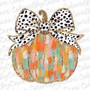 Könnte beinhalten: Bunte Kürbis-Illustration mit goldenem Umriss und Schleife mit Dalmatiner-Print. Der Kürbis hat Pinselstriche in Orange, Grün und Rosa mit goldenen Glitzerakzenten. Ideal für herbstliche Bastelarbeiten und Dekorationen.