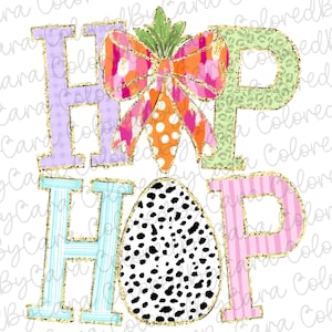 May include: A colorful Easter-themed graphic with the text "HOP" in large letters. The letters are decorated with glitter and different patterns. A black and white polka dot egg is in the center of the graphic.
