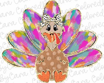 Colorful Coquette gold glitter turkey png girls fall turkey design dtf Halloween girls fall png kids fall design bow acrylic brushstroke