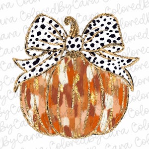 May include: A gold glitter pumpkin with a black and white polka dot bow. The pumpkin is painted with orange, brown, and white brushstrokes.