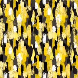 Op de afbeelding: Abstract naadloos patroon met zwarte, witte en gouden penseelstreken. Het patroon is een herhalend ontwerp van verticale en horizontale penseelstreken in verschillende groottes en vormen.