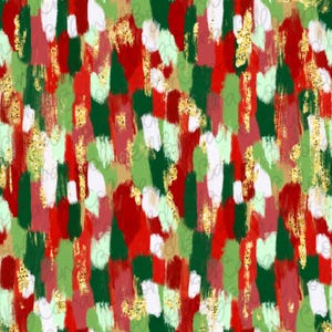 May include: Abstract Christmas pattern with red, green, white, and gold paint strokes. The pattern is seamless and can be used for wrapping paper, fabric, or other crafts.