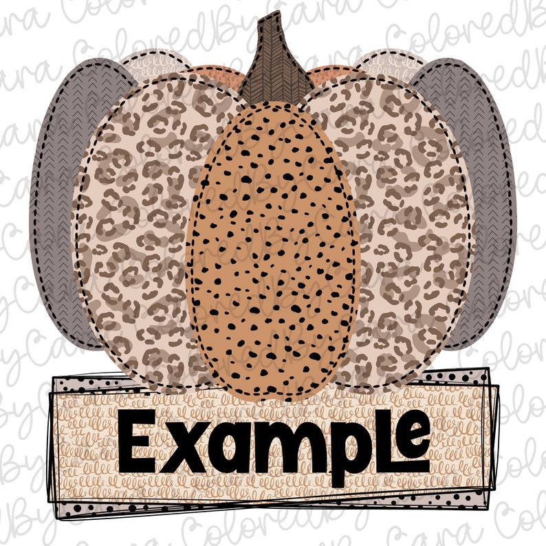 May include: A brown and beige pumpkin with a leopard print design. The pumpkin has a brown stem and a black text overlay that says "Example".