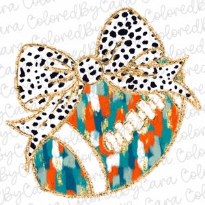 teal and orange Coquette gold glitter football png girls fall football design dtf girls fall png bow acrylic brushstroke Dalmatian