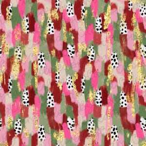 May include: Abstract seamless pattern with brushstrokes in shades of red, pink, green, and gold. The pattern also includes black and white polka dots.