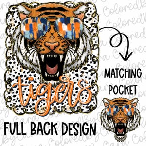 May include: A roaring tiger wearing blue and orange sunglasses with a white and black spotted background. The word "tigers" is written in orange letters below the tiger.