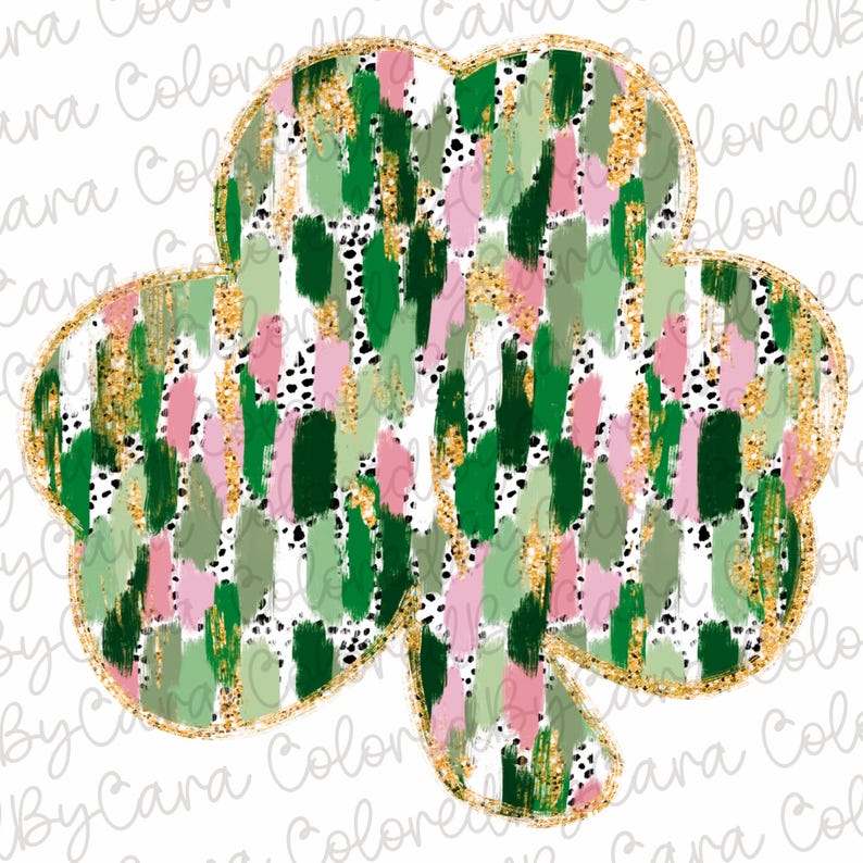 May include: A green shamrock with a gold outline. The shamrock is made up of green, pink, and white brushstrokes and has a white background with black polka dots.