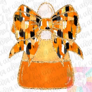 May include: A digital illustration of a candy corn design with a large bow. The bow features a pattern of orange, black, and white brushstrokes with gold glitter trim. The candy corn base is orange with gold glitter trim.