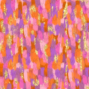 May include: Abstract seamless pattern with brushstrokes in shades of orange, pink, and purple with gold glitter accents.