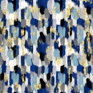 May include: Abstract seamless pattern with blue, gray, white, and gold brushstrokes. The pattern is perfect for fabric, wallpaper, or wrapping paper.