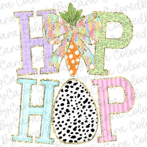 May include: A colorful Easter-themed graphic with the words "HOP" in large, decorated letters. The letter "O" is replaced with a black and white polka dot egg. The letters are decorated with stripes, polka dots, and glitter.