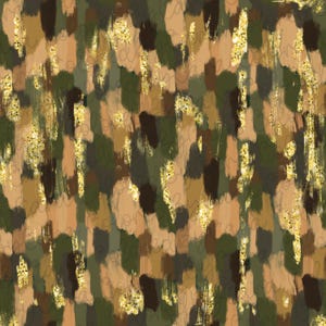 May include: Abstract camouflage pattern in shades of green, brown, and beige with gold glitter accents.