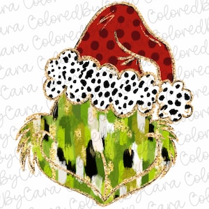 Può includere: Un personaggio verde del Grinch che indossa un cappello da Babbo Natale rosso e bianco con pois neri. Il Grinch indossa un abito a motivi verdi, neri e bianchi con accenti di glitter dorati.